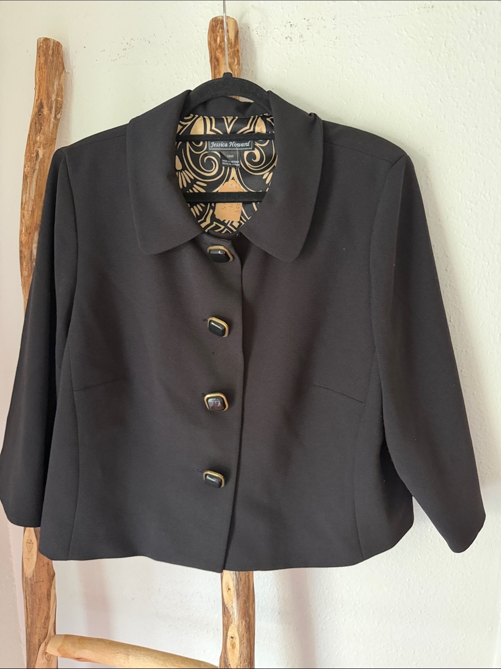 Jessica Howard Vintage Black Crepe Cropped Button-Front 3/4 Sleeve Jacket 16 Xl
